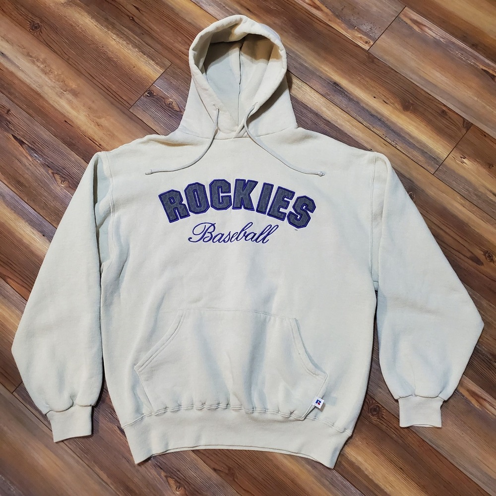 Vintage Russell Athletic Colorado Rockies Baseball Hoodie Cream Mens Large MLB